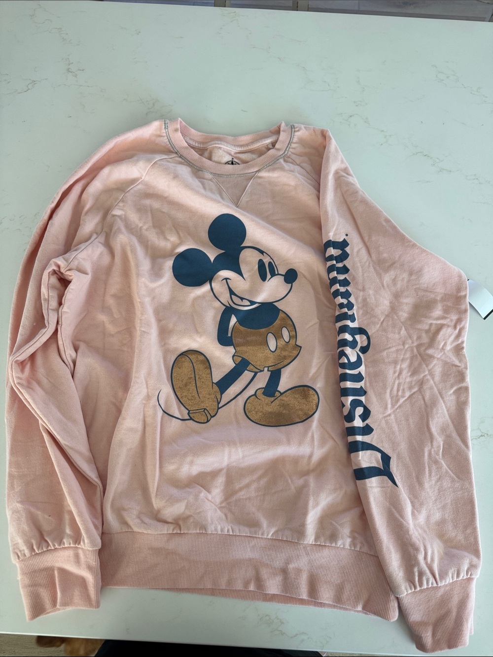 Disney Light Pink Mickey Mouse Crewneck Sweatshirt with Navy and Gold Graphic